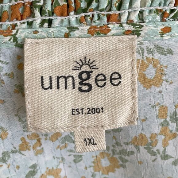 Umgee 1XL Green Floral Blouse Puff Sleeves Boho Shabby Cottage Chic Top Popover - Picture 8 of 12